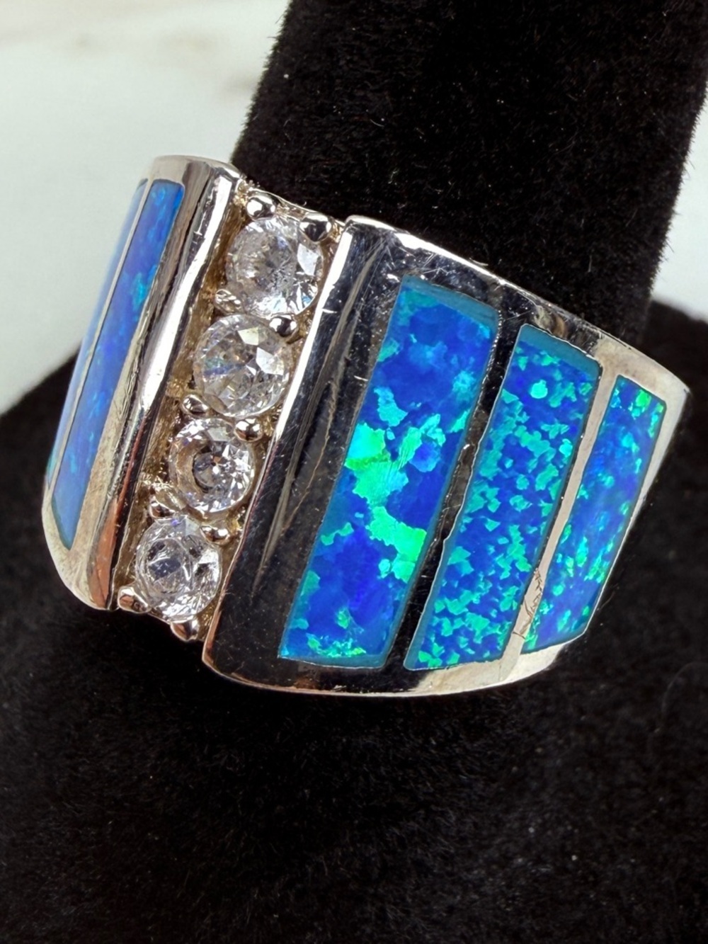 Beautiful silver blue and clear bling stamped 925  wideband ring sz 8